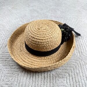 Betmar Street Smart Straw Sun Hat Women's Tan Black Ribbon Floral Summer Beach